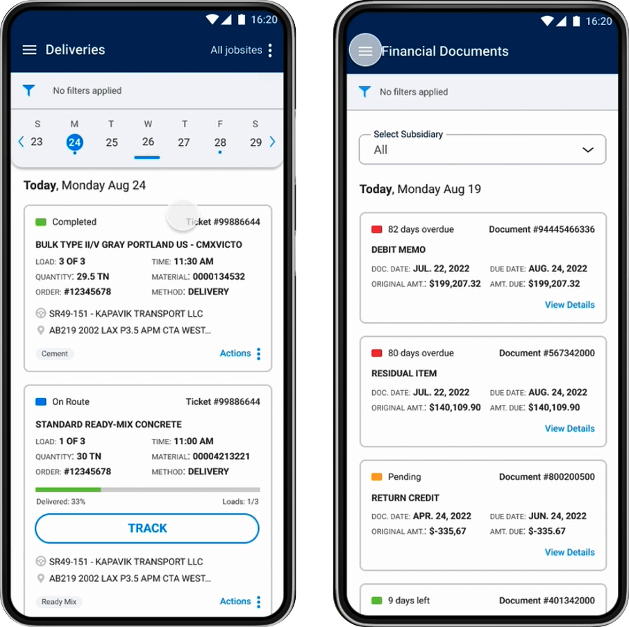 cemex go mobile deliveries and financial documents screens